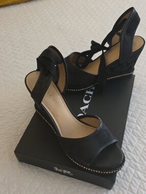 Coach Black Canvas Logo Wedge Sandals with Ankle Tie